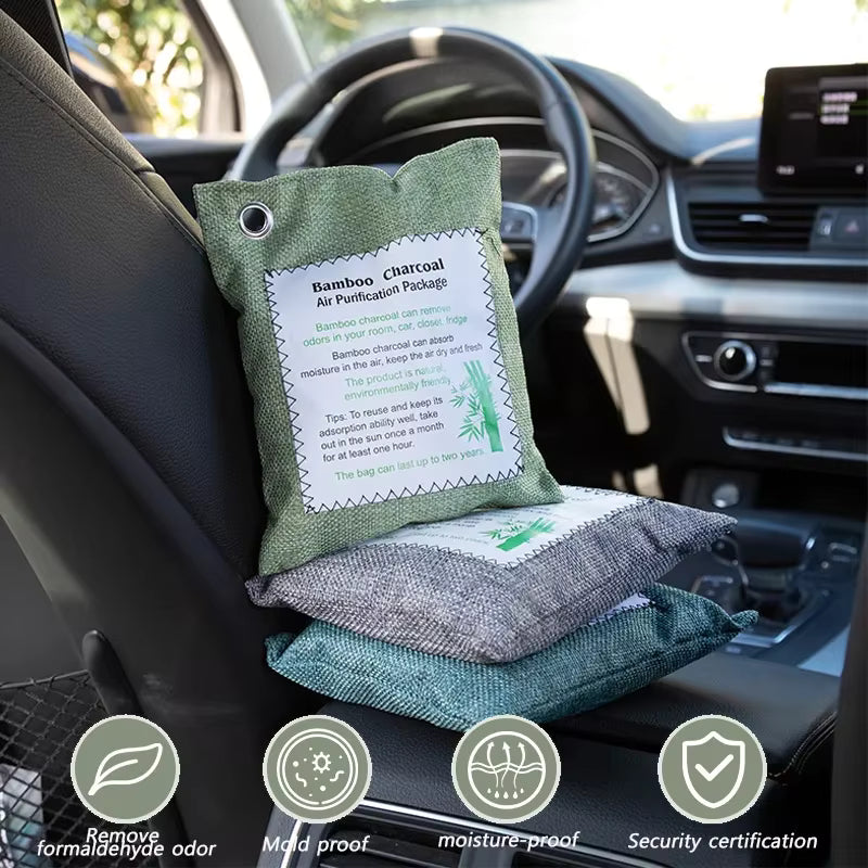 Bamboo charcoal air purification package in a car interior