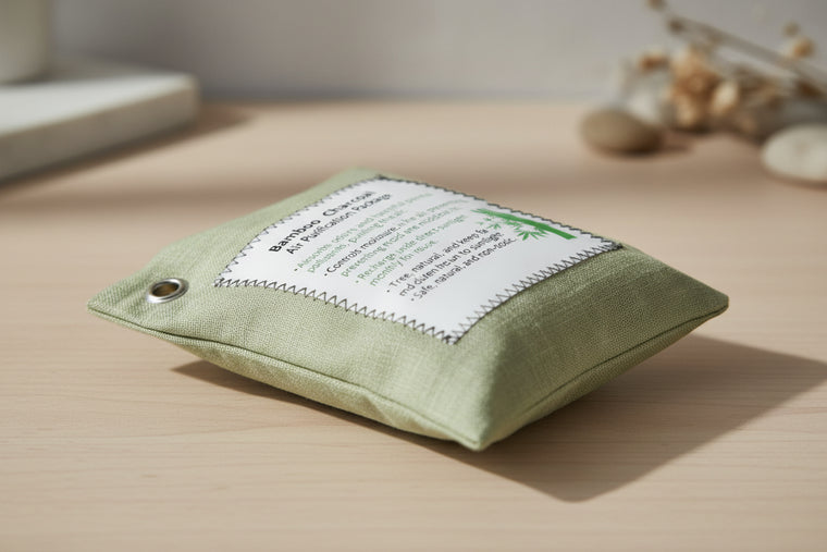 Green fabric pouch with a label on a beige surface