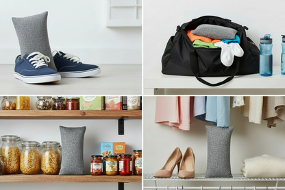Row of gray pillows on a light gray background