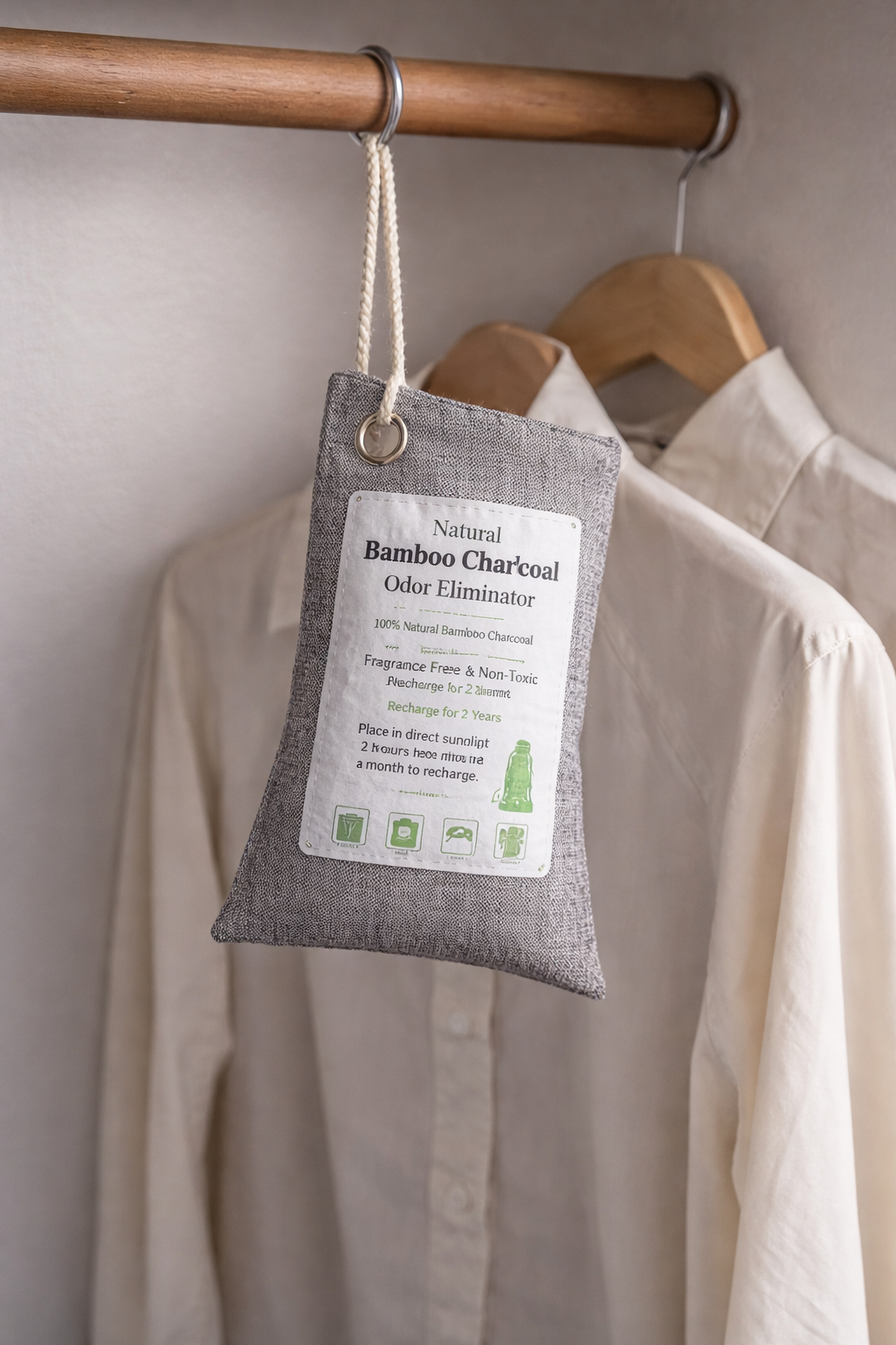 Bamboo charcoal odor eliminator hanging on a wooden hanger with a beige shirt.