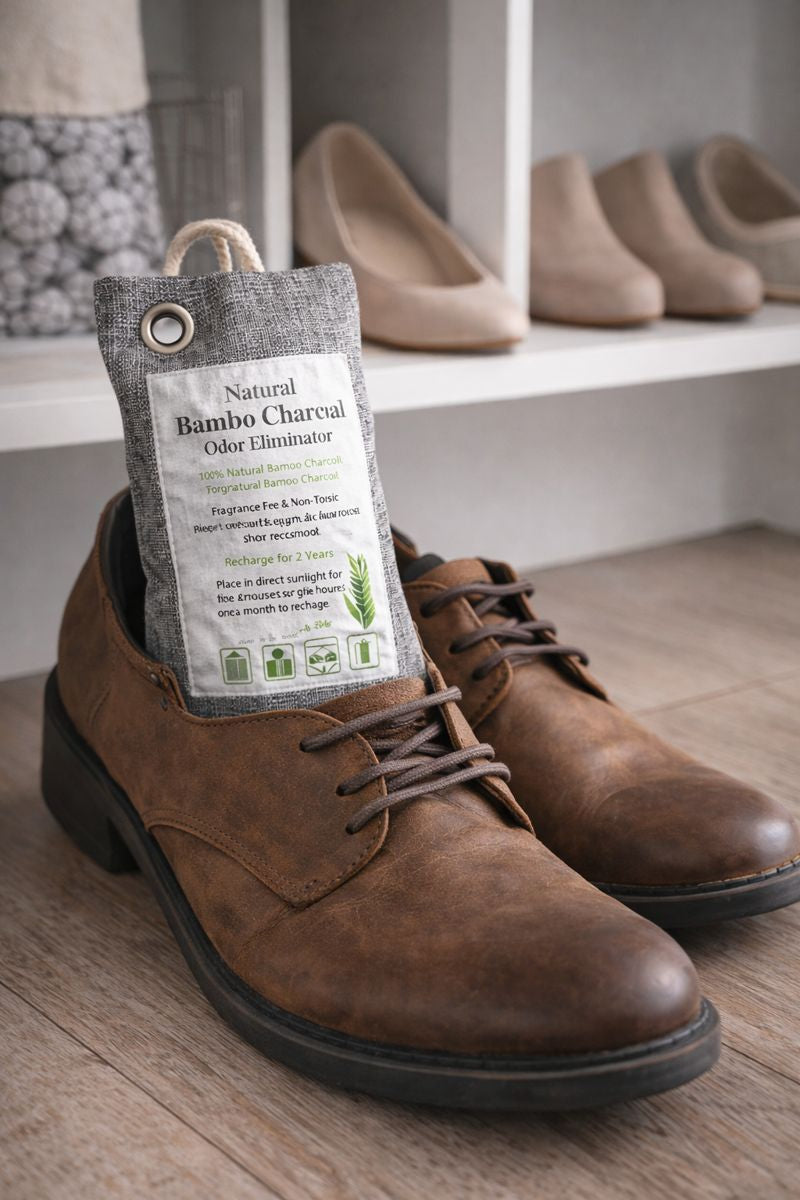 Brown leather shoes with a natural bamboo charcoal odor eliminator on a wooden floor.