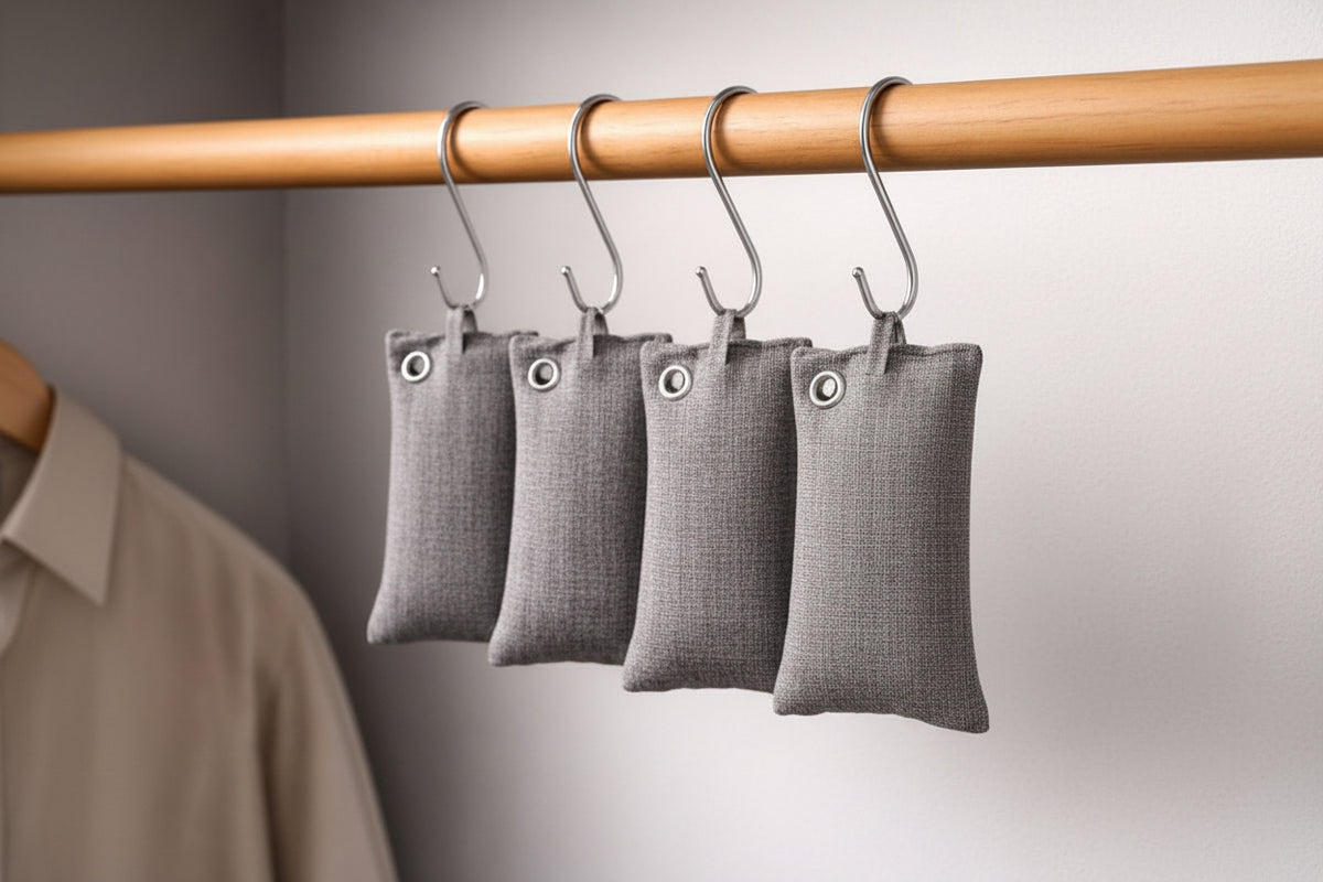 Four Banbyo Charcoal bags hanging on a wooden rod with a neutral background