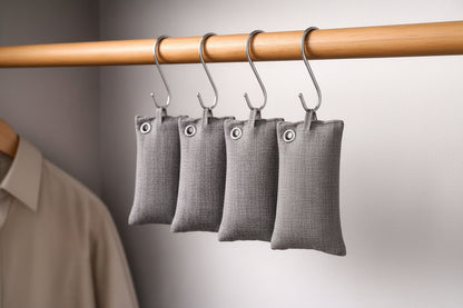 Four Banbyo Charcoal bags hanging on a wooden rod with a neutral background