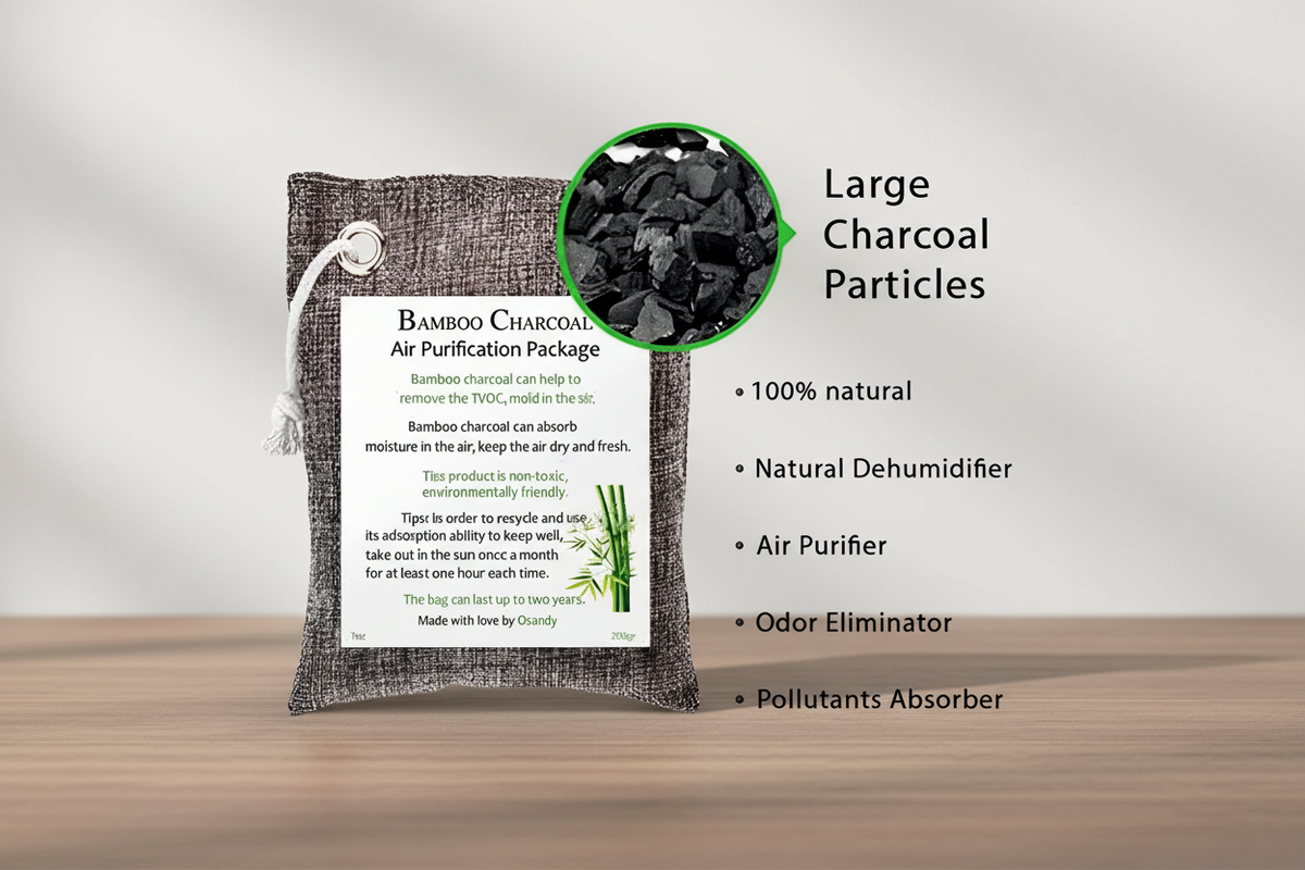 Bamboo charcoal air purification package with text detailing its uses on a white background
