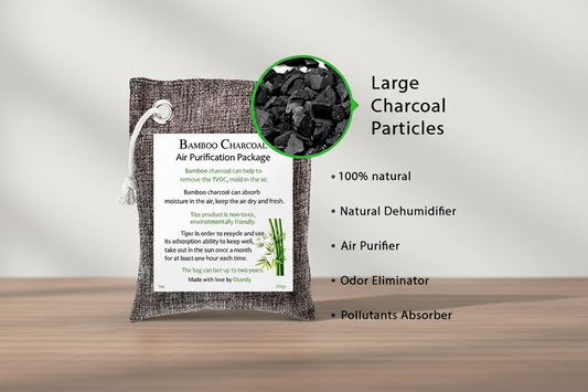 Bamboo charcoal air purification package with text detailing its uses on a white background